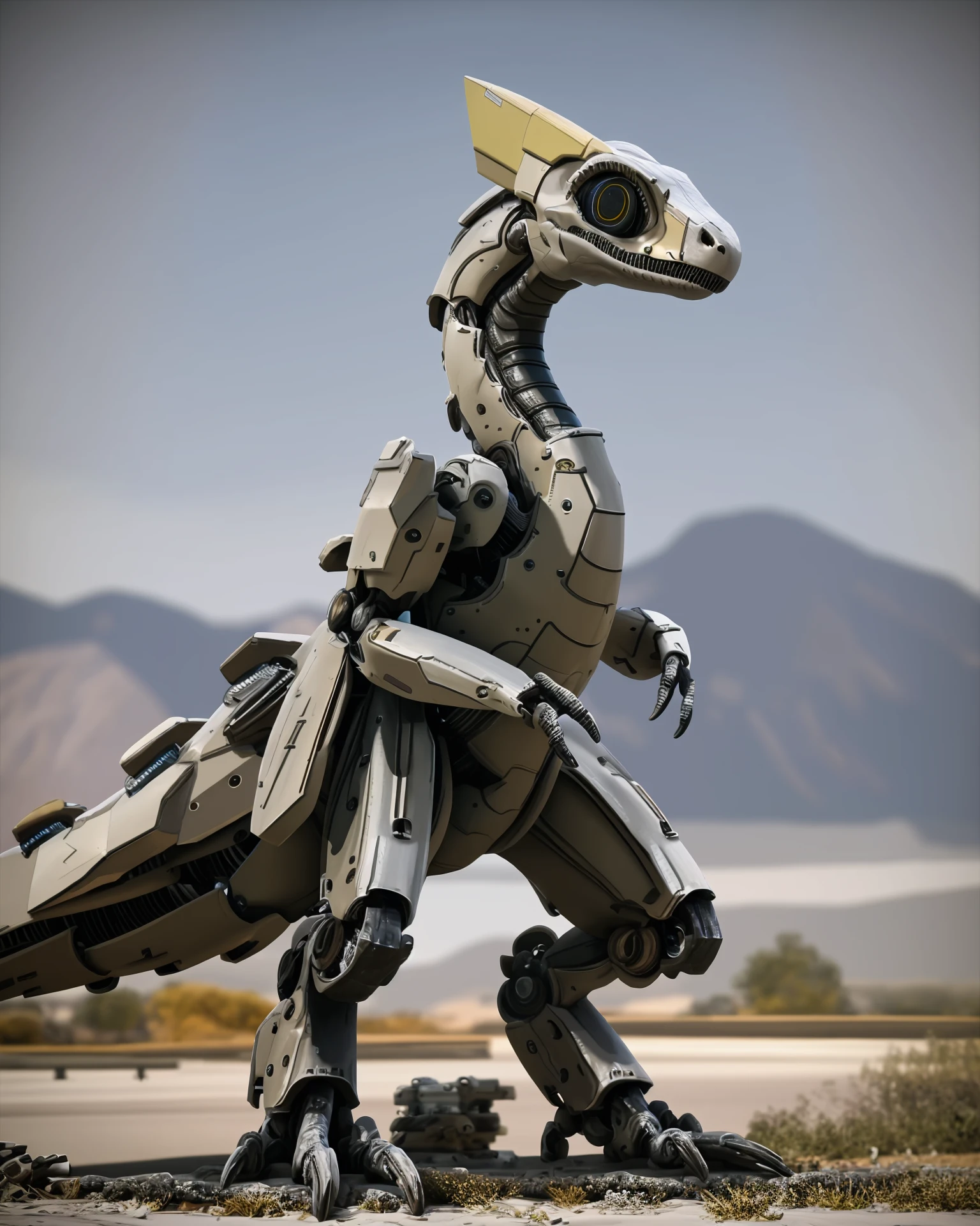 [<lora:Misc_Mechanized_a1_5_VPred>],
character portrait of a,mechanized,feral,raptor,solo,hi res,
detailed background,outdoors,(three-quarter portrait),realistic,digital eyes,small arms,