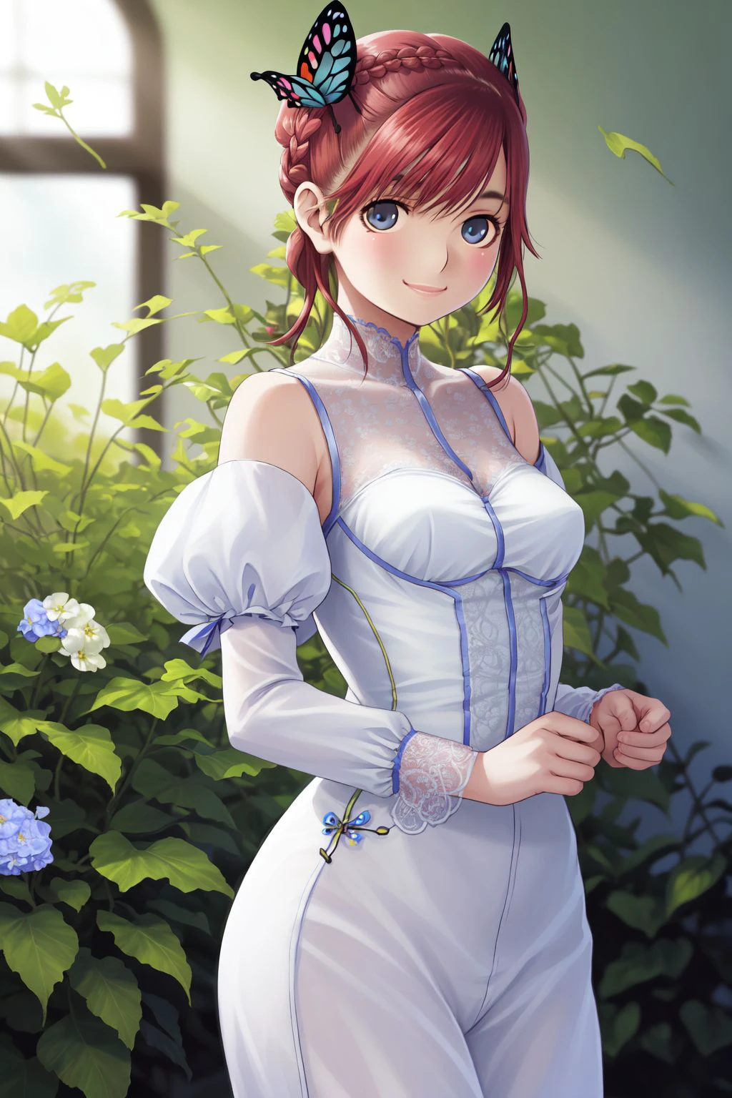 (intricate details), (solo:1.1), mature female, standing, ultra detailed eyes, red hair, side-swept fringe, (french braid), (small breasts), smile, (light blue Victorian clothes:1.25), (in front of glass window, large window, Butterfly_Bush \(flower\), blooming flowers, plants, trees), dim light, blurry background, (photorealistic illumination:1.1), soft lighting, bloom effect, mystic, perfect body,  <lora:mino_tarou_loveplus_style_v01:1>