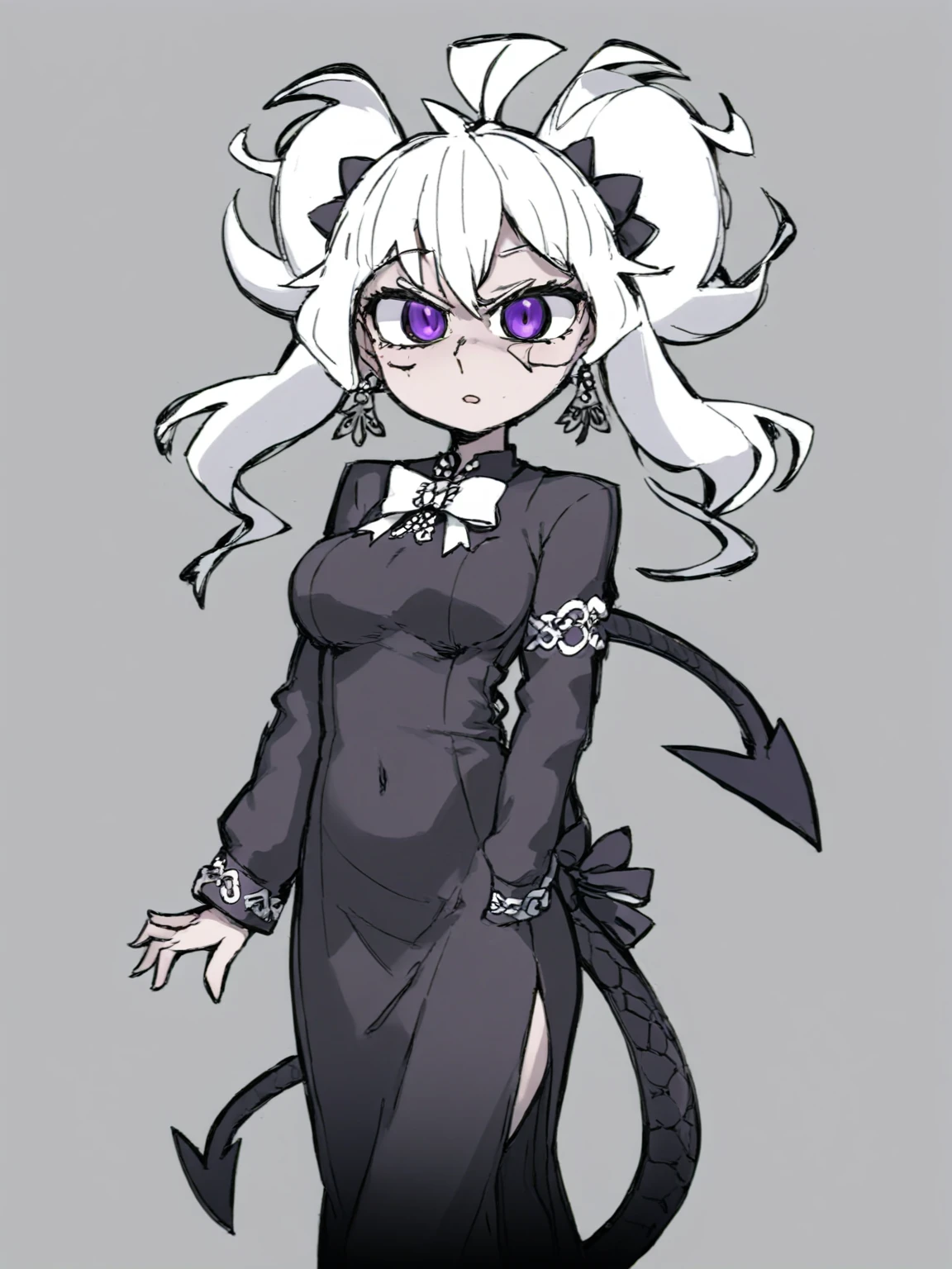 <lora:XL_Helltaker-000009:1>,Helltaker style,girl, chinese clothes, dress, jewelry, solo, earrings, long hair, china dress, snake, looking at viewer, ribbon, white ribbon, long sleeves, side slit, hair ribbon, covered navel, black dress, bangs, black hair, closed mouth, standing, cowboy shot, brown eyes, hair bow, artist name, grey background, twintails, breasts, purple eyes, white bow, masterpiece,best quality