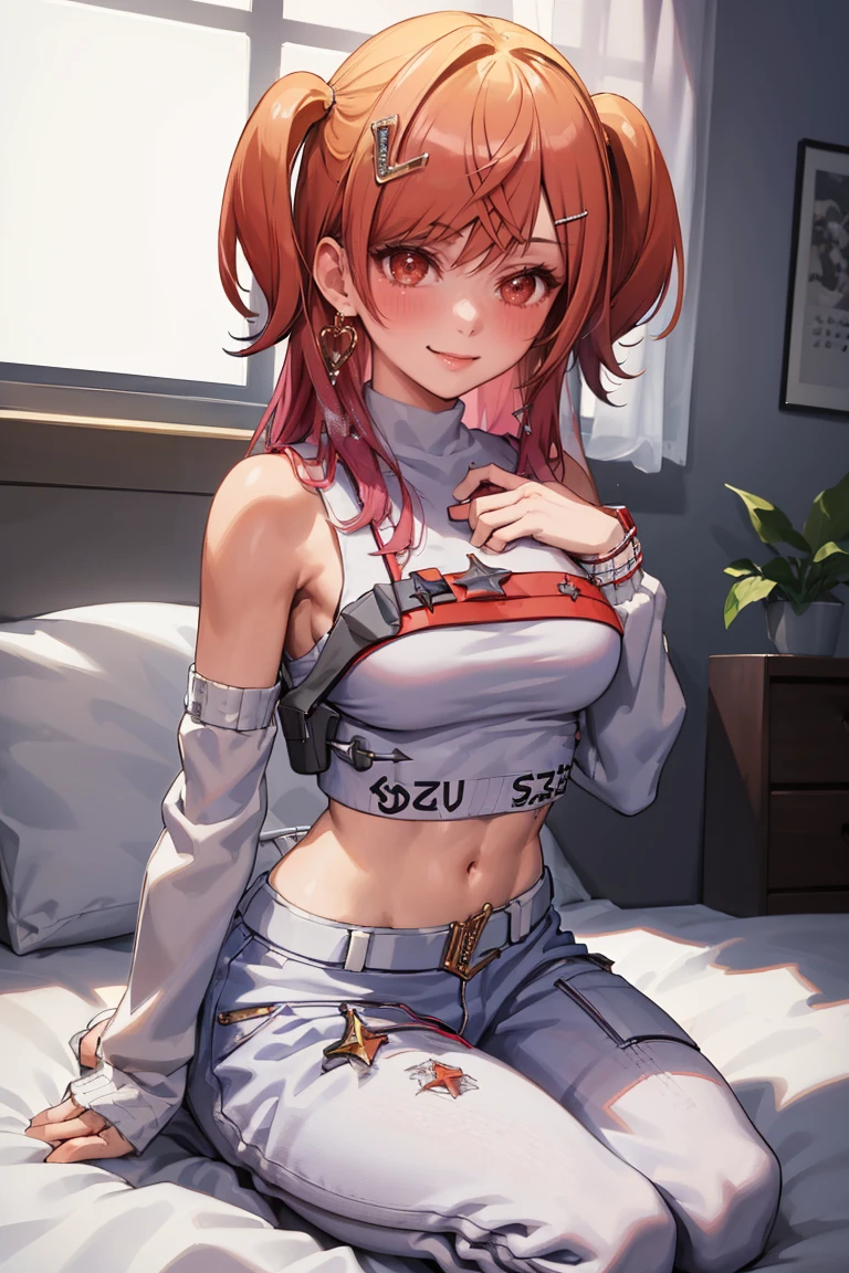 masterpiece, best quality, absurdres, RirikaRegloss, two side up, white shirt, single sleeve, midriff, white pants, sitting, indoors, seiza, on bed, smile, blush, <lora:IchijouRirika:1>