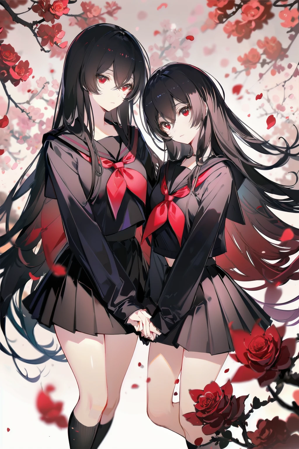 -multiple girls, 2girls, red eyes, long hair, skirt, school uniform, serafuku, black skirt, black hair, red neckerchief, black serafuku, neckerchief, petals, shirt, pleated skirt, looking at viewer, sailor collar, long sleeves, black shirt, flower, closed mouth, bangs, very long hair, blurry, rose, black sailor collar, hair between eyes, blurry background,cat girl,<lora:cat girl-000018:0.8>,