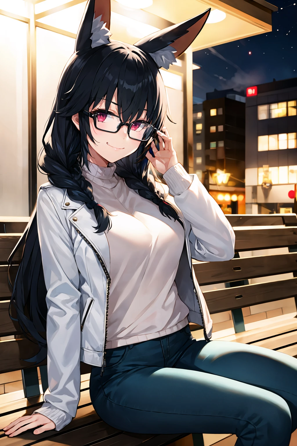 1girl, solo, sidelocks, twinbraids, (black hair), red eyes, smug, smirk, glasses, sitting, bench, partk, at night, long hair, white sweater, leather jacket, (white jacket:1.2), fox girl, fox ears, fox tail, jeans, black tail, <lora:Koumashiro-Style_481196:1>
