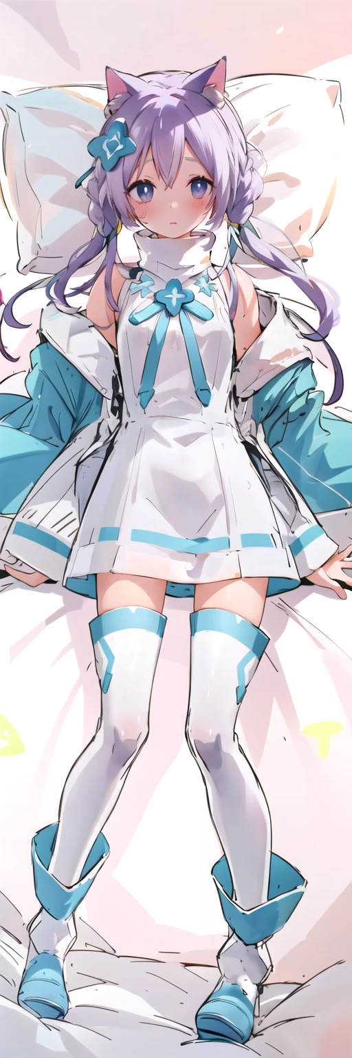 ((masterpiece)), 1girl, solo, (white thigh boots:1.2), <lora:saltMaimaiAnything1.3:1>, salt\(maimai\), white turtleneck dress, green pupils, chest jewel,
(intricate details), colorful, full-body portrait, capture excellent full-body shots, (white bed sheet:1.2), dakimakura, lying on bed, (white shoes:1.2), on back, (crotch), (groin),
see-through, ribbon, shy, embarrassed,
white hair band, cat ears, (purple eyes:1.0), very long hair, grey purple hair, hair ornament, sleeveless shirt,chest jewel,open coat,
high Detail, open coat, white shoes, <lora:GoodHands-beta2:1.6>, <lora:daki_2:1>, blue coat, pillow, blue ankle garter, (light blue coat:1.2),