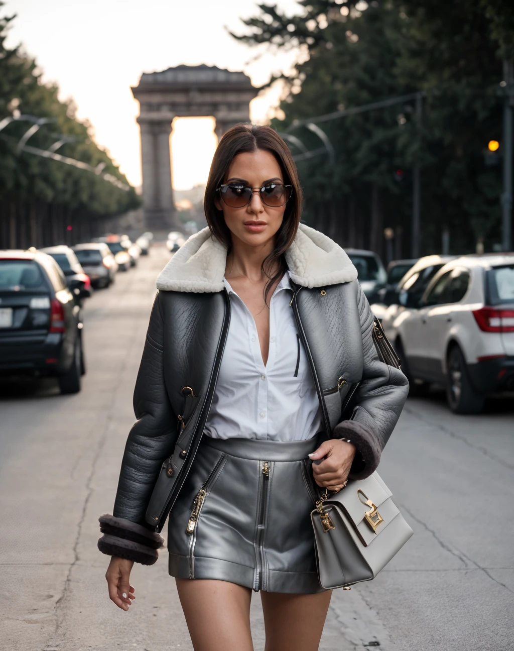cinematic photo realistic, hdr, 4k, Running, a woman wearing an expensive Faux shearling coat in a warm caramel shade grey and Celine: Triomphe bag, Celine Dion sunglasses, barbed wire encampment, makeshift defenses, wary survivors, constant vigilance, <lora:quiron_JasmineJae_v1_lora:0.47> JasmineJaeQuiron woman, kodak, photography, (looking at camera:1.2), pale skin, . 35mm photograph, film, bokeh, professional, 4k, highly detailed