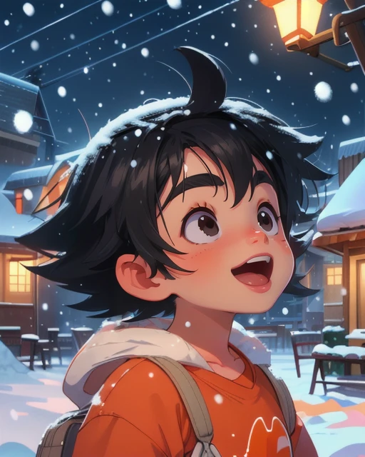 best quality, masterpiece, highres, detailed, digital artwork, <lora:Tools - add_detail:0.2>, SnowWonder, <lora:Scene - SnowWonder:0.8>, excited, snowing, night, city, upper body, BREAK KidGoku, black hair, black eyes, thick eyebrows, spiked hair, orange clothes, <lora:Character - KidGoku:0.8>, male ,