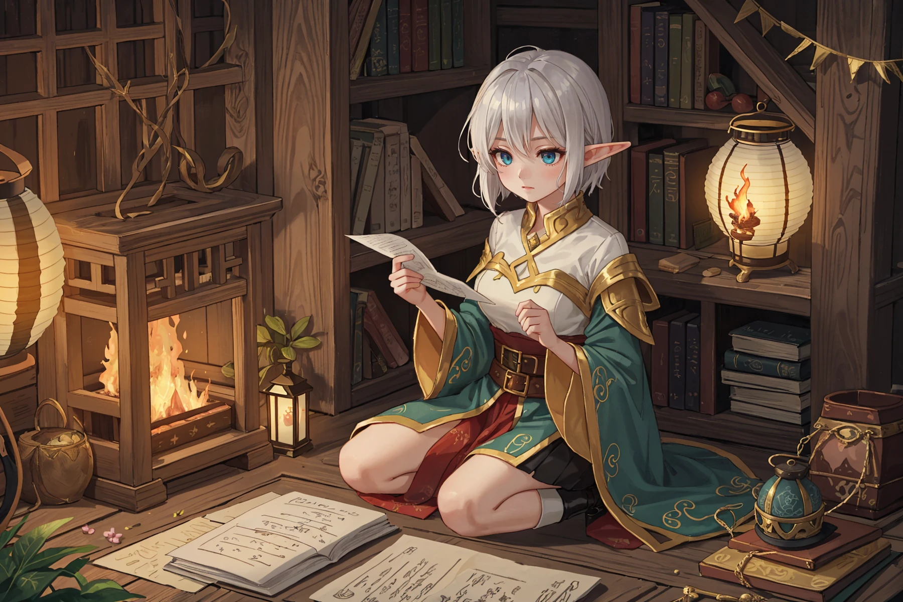 1girl, elf, tomboy,
fire, sitting on floor, Paper lantern, fantasy, fantasy clothes, adventurer, class: summoner
white sleek hair hair