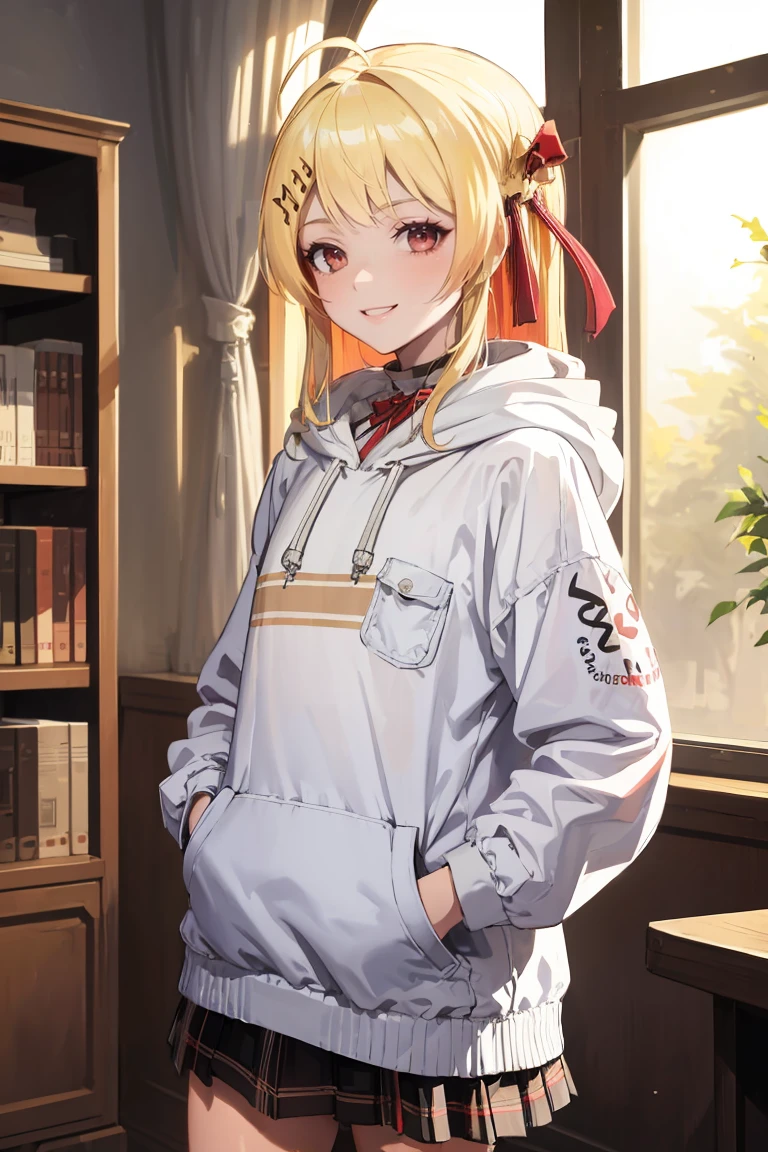 masterpiece, best quality, absurdres, OtonoseKanade, ahoge, hair ribbon, musical note hair ornament, indoors, plaid skirt, hoodie, smile, hands in pockets, <lora:OtonoseKanade:1.0>