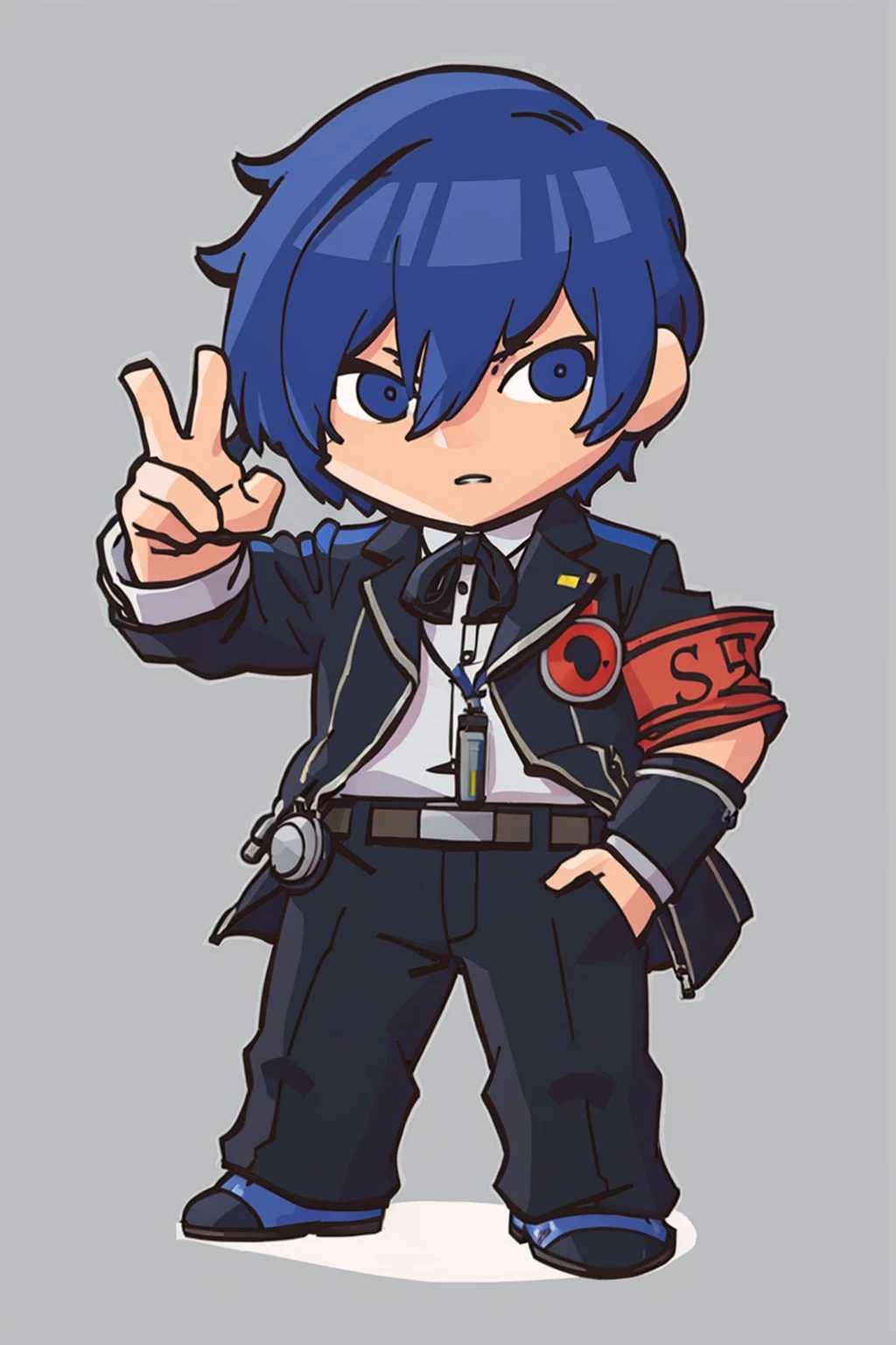 masterpiece, best quality, solo, 1boy, looking at viewer, <lora:FEH-MTH_Fp:0.8>, simple background, chibi, <lora:MakotoP3_Fp:0.9> makotop3, school uniform, armband, pants, digital media player, (hands in pockets),
