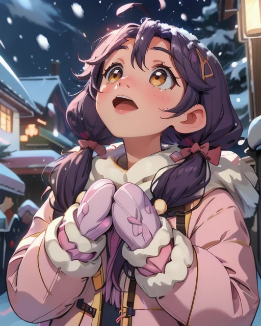 best quality, masterpiece, highres, detailed, digital artwork, <lora:Tools - add_detail:0.2>, SnowWonder, <lora:Scene - SnowWonder:0.8>, excited, snowing, night, city, upper body, BREAK Sango, purple hair, low twintails, gold eyes, ahoge, pink ribbon, purple cloths, down jacket, <lora:Character - SangoV2:0.8>, mittens, looking up,