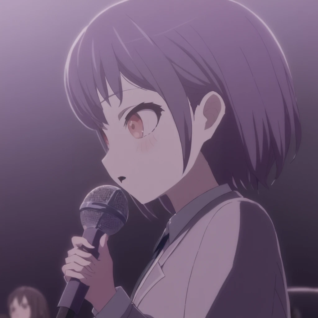 A cinematic anime scene of a girl holding a microphone, tomori <lora:itsmygo_xl_2-000007:1>