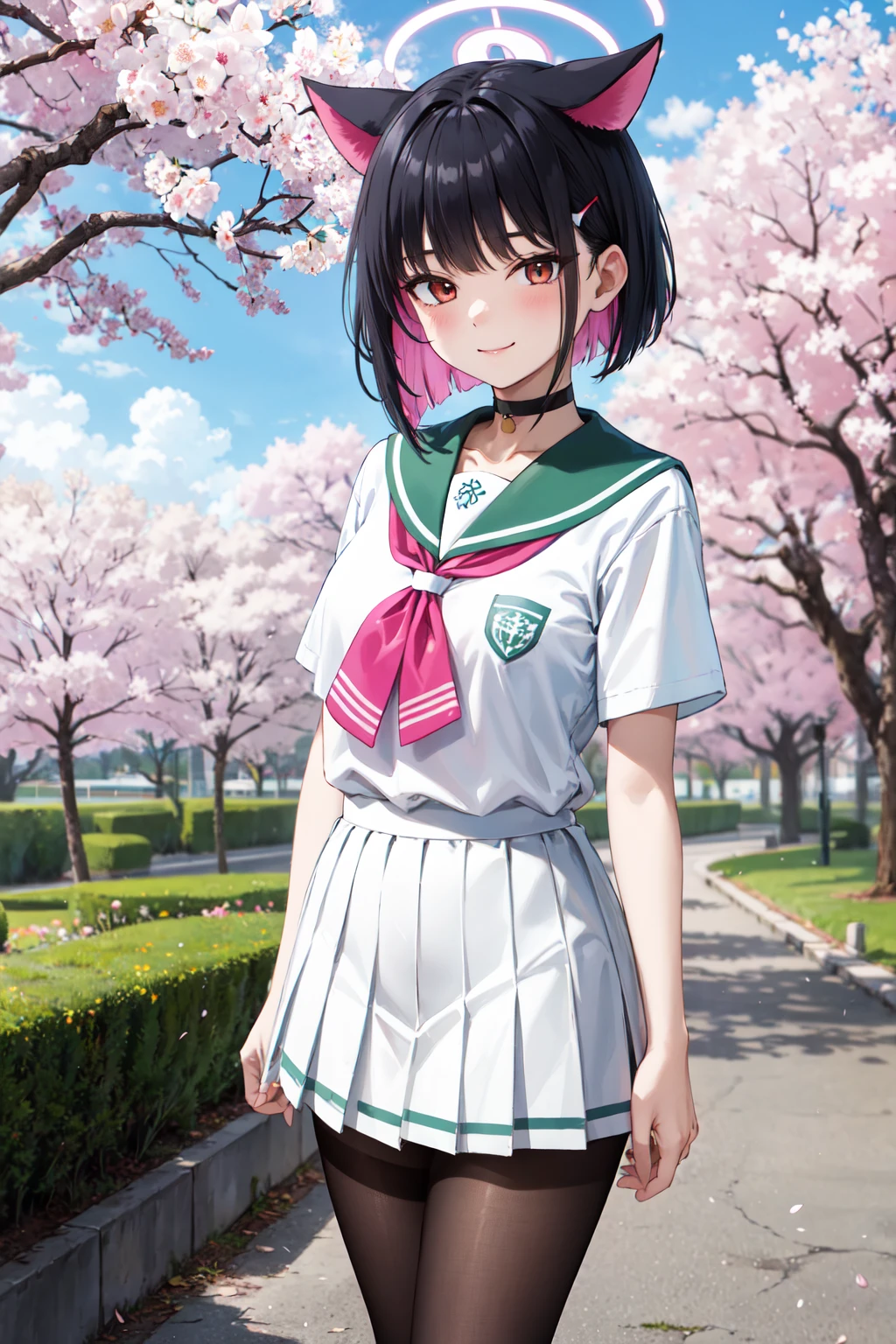 masterpiece,best quality,highres,ultra-detailed,bbkazusa,halo,cat ears,short hair,multicolored hair,two-tone hair,colored inner hair,bangs,hairclip,black choker,school uniform,pink neckerchief,green sailor collar,shirt,white shirt,short sleeves,white skirt,thighband pantyhose,black pantyhose,sneakers,green footwear,<lora:kazusa_(blue_archive):0.8>,outdoors,cherry blossoms,standing,cowboy shot,smile,