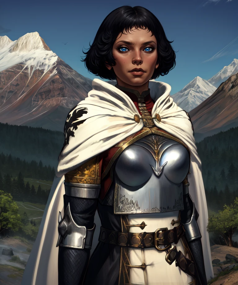 mercedes,blue eyes,black hair,
white cape,armor,chestplate,dress,belt,
standing,upper body,
camp,morning,mountains,
(insanely detailed, beautiful detailed face, masterpiece, best quality),<lora:mercedes:0.8>,