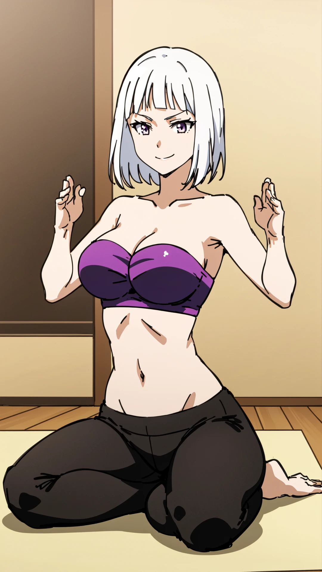 anime,  shafen, 1woman, white hair, ((silver eyes)), smiling, purple bra top, midriff, black yoga pants, (((doing yoga))), 8k, 16k, trending on pixiv, fanbox, skeb, masterpiece, detailed face, digital painting, gym background, <lora:shafen:0.7>