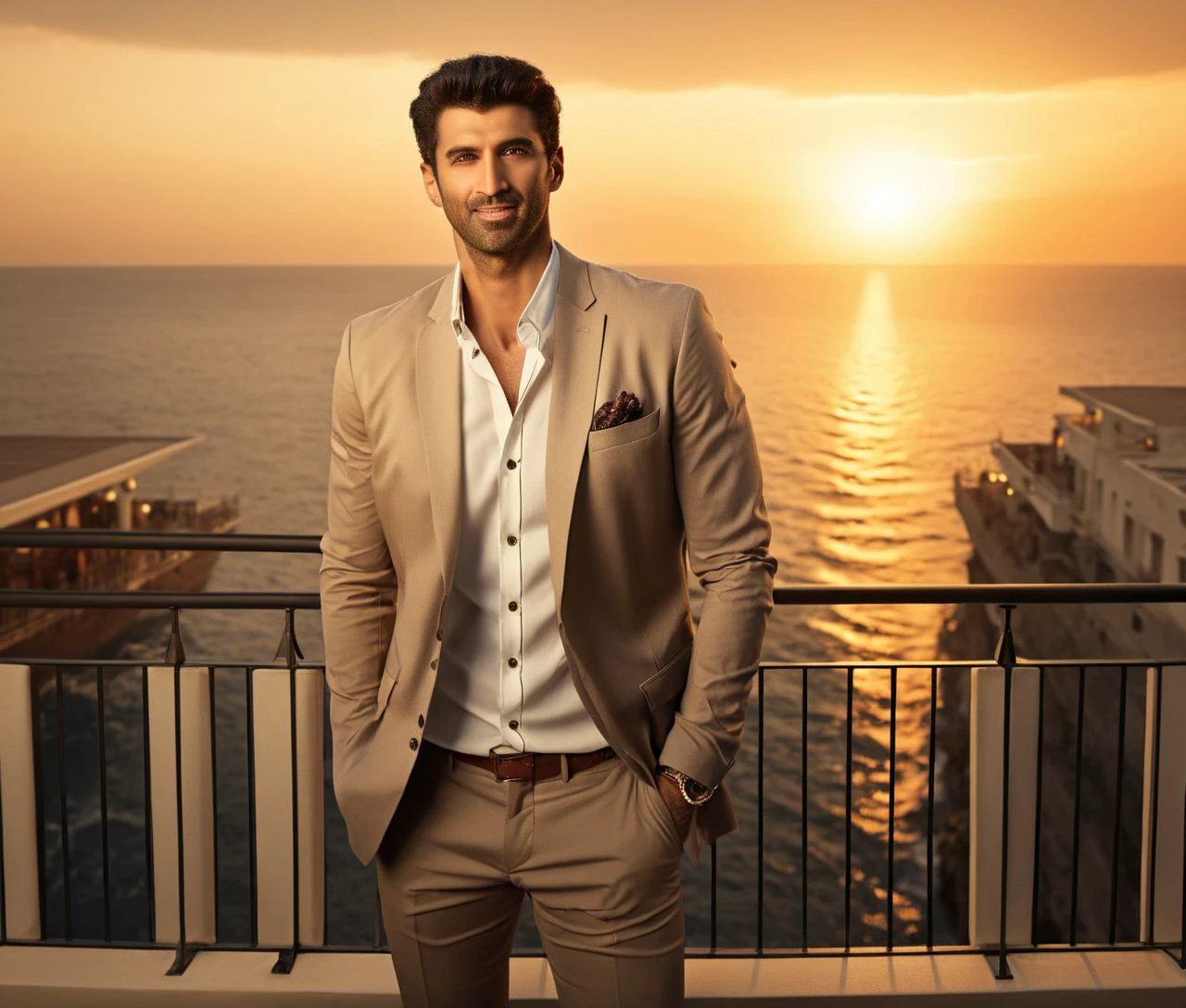 Nautical-themed (Photo:1.3) of (Ultrarealistic:1.3) <lora:Man_Men_FFashion:1> david benioff a man <lora:adityark-davidbenioff:1> in a tan suit standing on a balcony, sun behind him, inspired by Pablo Munoz Gomez, shot at golden hour, editorial photograph, midshot of a hunky, by Roman Bezpalkiv, by Artur Tarnowski, maxim sukharev, by Gabor Szikszai,Highly Detailed,(Mono Color:1.3) . Sea, ocean, ships, maritime, beach, marine life, highly detailed