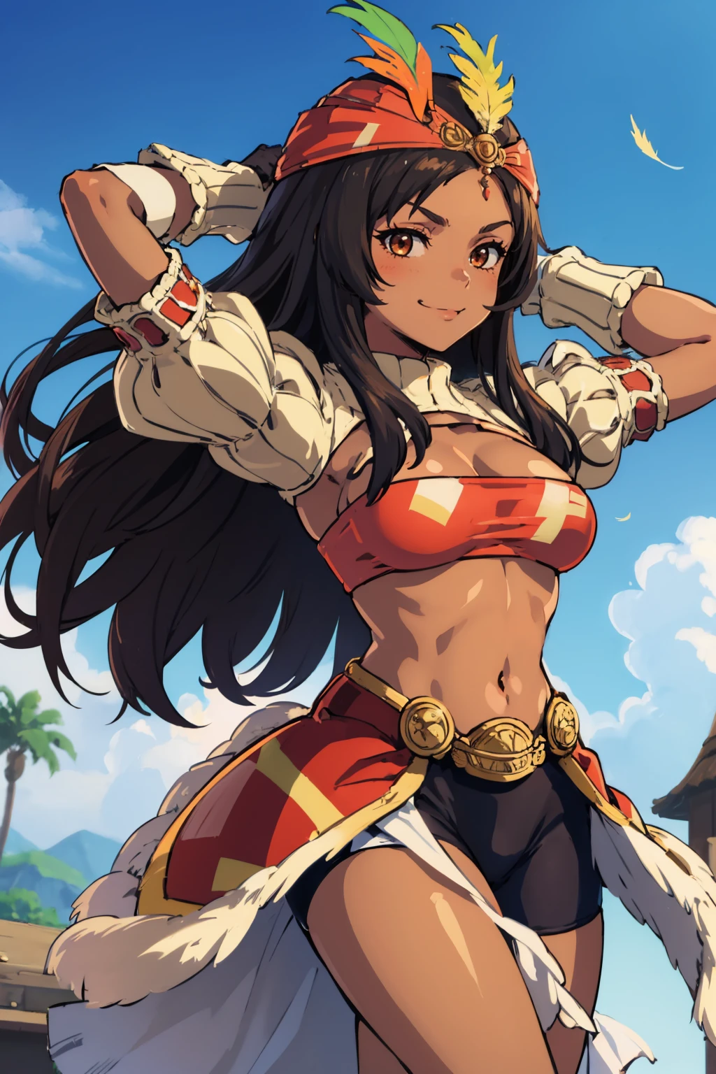 masterpiece, best quality, <lora:ff9lani-nvwls-v1-000009:0.9> ff9lani, dark skin, bandana, feather hair ornament, turtleneck, cleavage, puffy sleeves, bandeau, red overskirt, short shorts, gloves, large breasts, walking, smug, smile, from side, arms behind head, village, blue sky