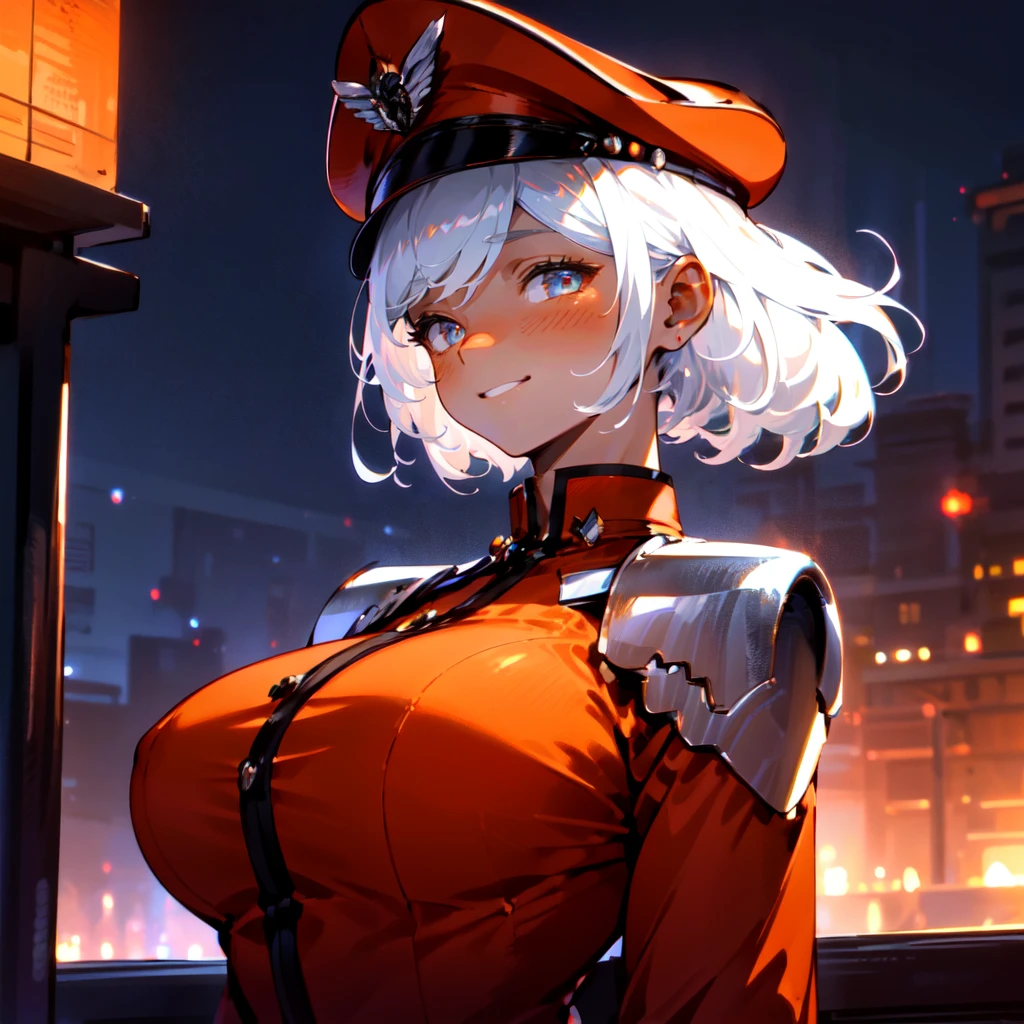 upper body, a woman standing at a busstop, at night, city lights, cute smile looking at smartphone, side view, beautiful eyes, high detail skin, high detail eyes, high detail hair, highres, ultra detailed, ,sharpen picture, Highly detailed, masterpiece, best quality, upper cut, <lora:BisonFemaleLoRA:0.8> woman with white hair, red outfit military cap, exposure blend, medium shot, bokeh, (hdr:1.4), high contrast, (cinematic, orange and white film), (muted colors, dim colors, soothing tones:1.3), low saturation, (hyperdetailed:1.2), (noir:0.4)