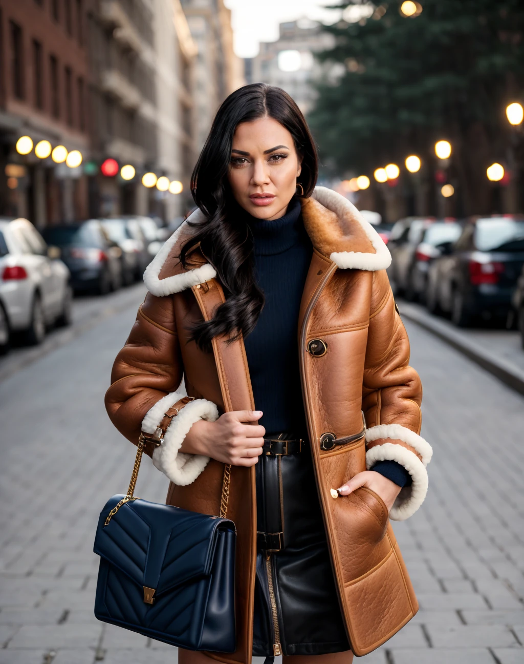 cinematic photo realistic, hdr, 4k, Standing, a woman wearing an expensive Faux shearling coat in a warm caramel shade navy and Saint Laurent: Tribute sandals, Kate bag, <lora:quiron_JasmineJae_v1_lora:0.47> JasmineJaeQuiron woman, kodak, photography, (looking at camera:1.2), pale skin, . 35mm photograph, film, bokeh, professional, 4k, highly detailed
