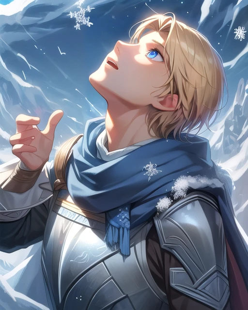 best quality, masterpiece, highres, detailed, digital artwork, <lora:Tools - add_detail:0.2>, SnowWonder, <lora:Scene - SnowWonder:0.8>, excited, looking up, upper body, BREAK WillKenrith, blonde hair, blue eyes, armor, cape, <lora:Character - WillKenrith:0.7>, 1boy,