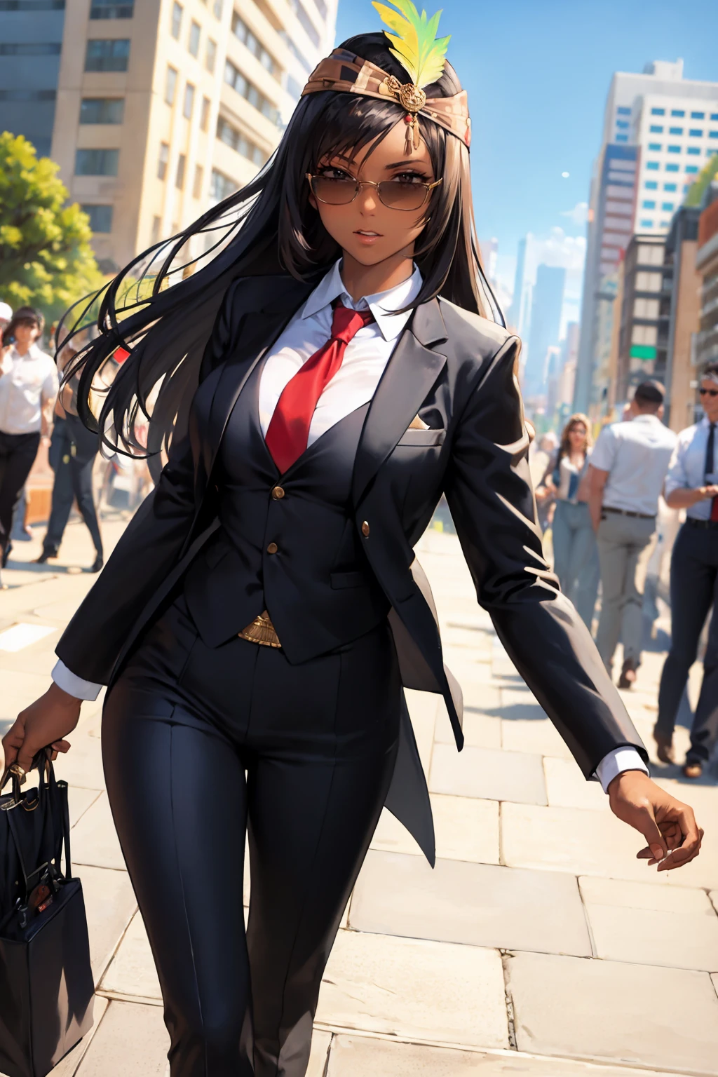 masterpiece, best quality, <lora:ff9lani-nvwls-v1-000009:0.9> ff9lani, dark skin, bandana, feather hair ornament, large breasts, black tuxedo, necktie, black pants, formal, sunglasses, walking, cityscape, solo, cowboy shot