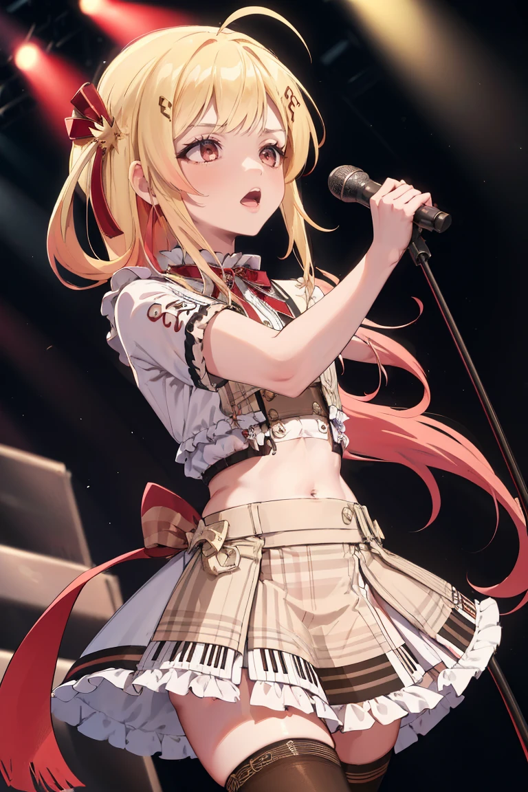 masterpiece, best quality, absurdres, OtonoseKanade, ahoge, hair ribbon, musical note hair ornament, idol, idol uniform, bowtie, skirt, brooch, dress, concert, on stage, frilled skirt, jewelry, layered dress, short sleeves, midriff, thighhighs, microphone, holding microphone, stage lights, <lora:OtonoseKanade:1.0>