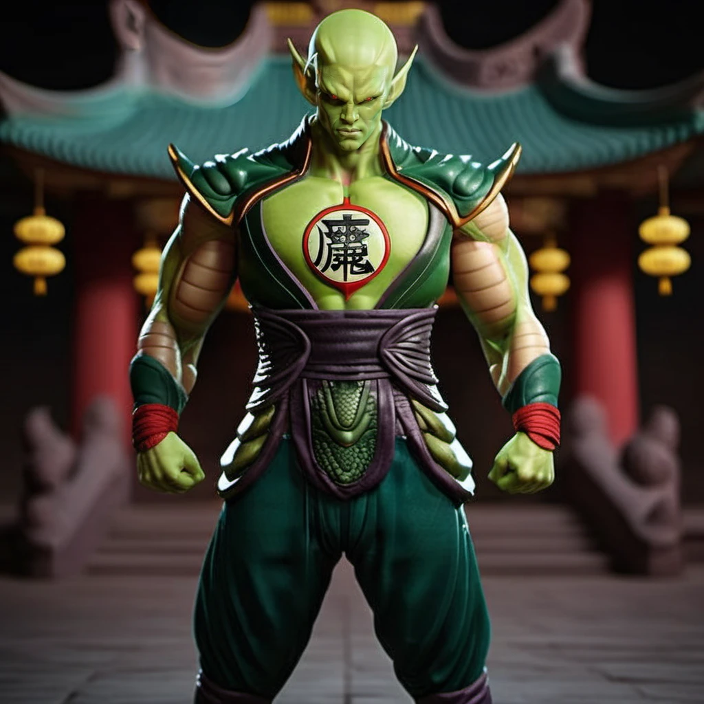 a muscular alien with green skin , full body, ancient chinese temple, dragonball, dragon, highly detailed, photography, ultra sharp, film, bokeh, professional, 64k <lora:add-detail-xl:1.5> <lora:Piccolo1024:0.8>