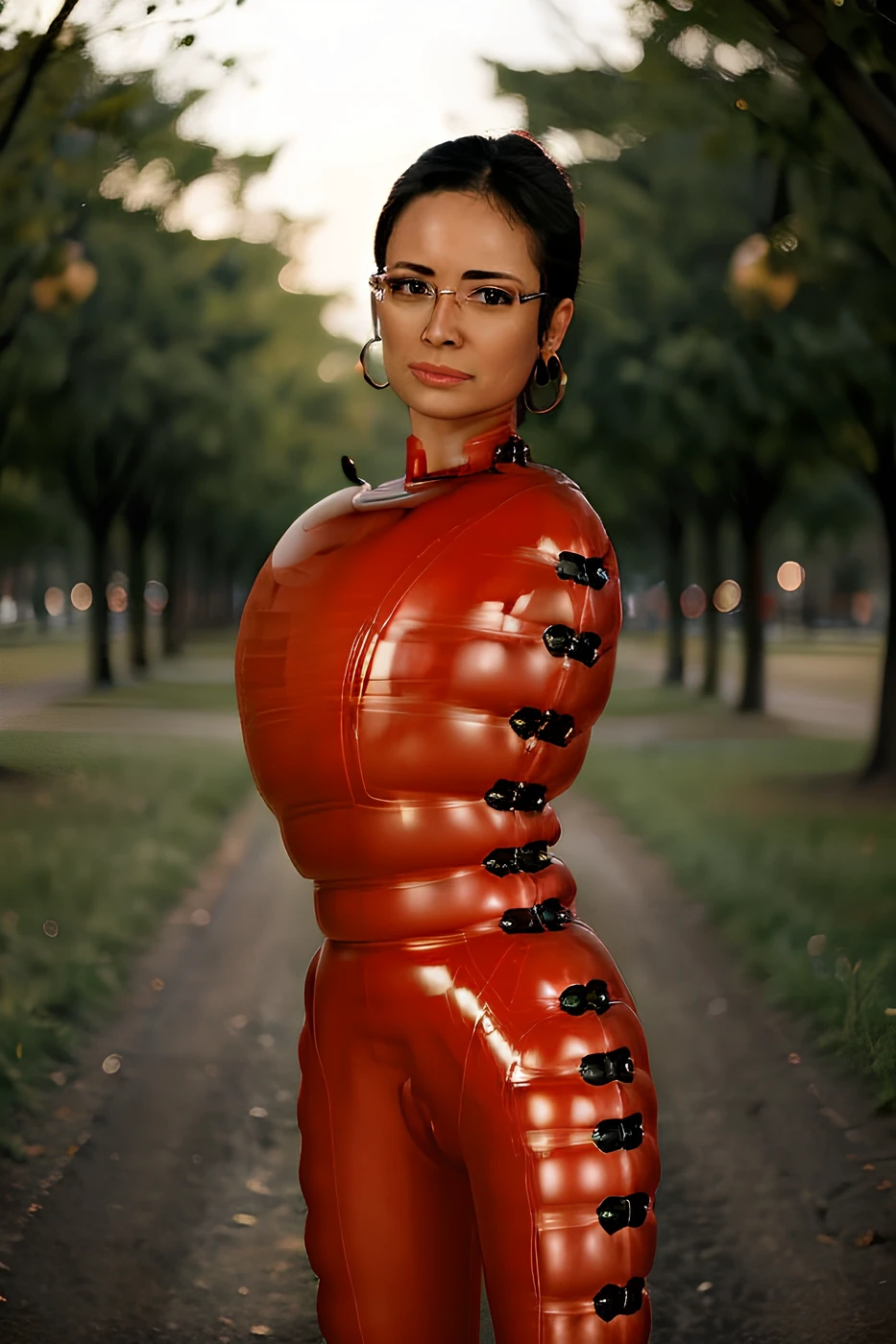 portrait of woman with glasses wearing shiny red armless infltltxctst with black reinforcements, standing in park at dawn, bokeh, depth of field ,<lora:infltltxctst:1.2>