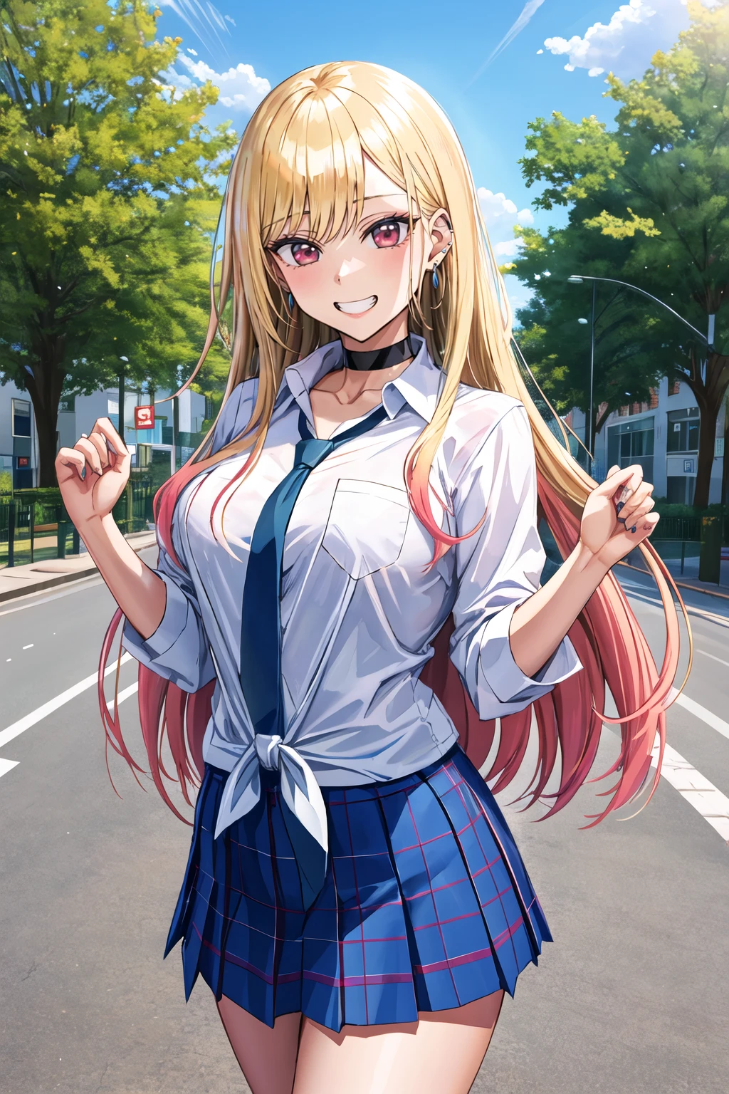 masterpiece, best quality, highres, kitagawa marin, 1girl, blonde hair, long hair, multicolored hair, red eyes, jewelry, earrings, piercing, school uniform, white shirt, tied shirt, black choker, blue necktie, plaid skirt, <lora:kitagawa_marin_v1-1:0.7>, grin, smile, standing, cowboy shot, outdoors, <lora:hanasaka-houcha-Style-v1_525004:1>