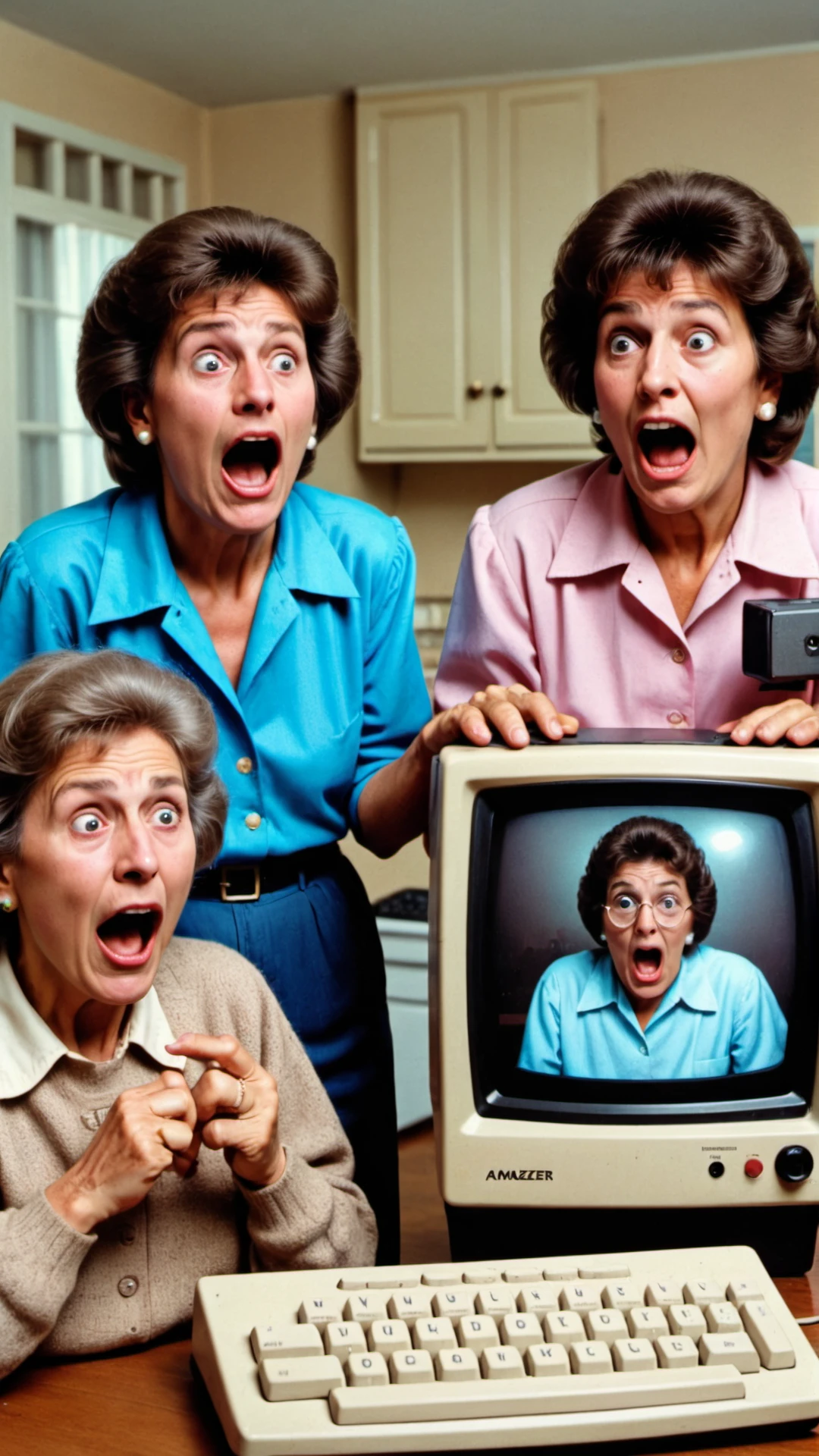 old people reacting in amazement to video phone call on old home computer from 1980s