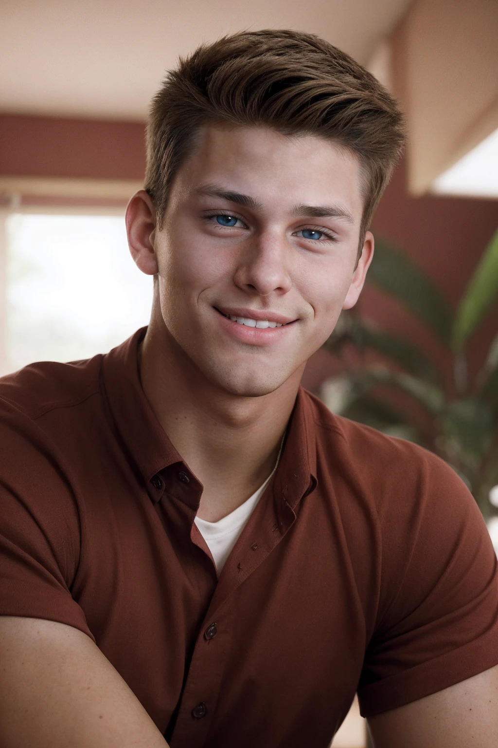 close-up headshot photo of fb_ryan <lora:fratbrat_ryan-08:0.75>, wearing a crimson red button-down shirt, soft diffused natural lighting, warm inviting atmosphere, sunny relaxed day, backlighting, playful smirk, looking into the camera, confident and charming, blurred natural background, greenery, clean fresh vibrant aesthetic