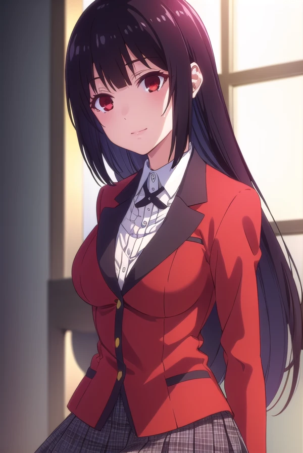yumekojabami, <lora:yumeko jabami s2-lora-nochekaiser:1>,
yumeko jabami, long hair, bangs, black hair, very long hair, blunt bangs, hime cut, (red eyes:1.3), smile,
BREAK skirt, shirt, school uniform, jacket, white shirt, pantyhose, pleated skirt, collared shirt, black pantyhose, blazer, red jacket,
BREAK indoors, classroom,
BREAK looking at viewer, (cowboy shot:1.5),
BREAK <lyco:GoodHands-beta2:1>, (masterpiece:1.2), best quality, high resolution, unity 8k wallpaper, (illustration:0.8), (beautiful detailed eyes:1.6), extremely detailed face, perfect lighting, extremely detailed CG, (perfect hands, perfect anatomy),