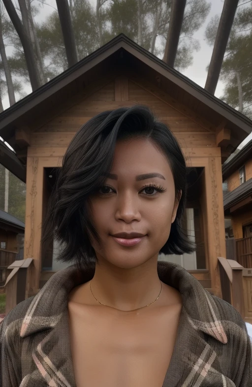 @chanel.uzi, Chanel Uzi\(Person\), masterpiece, 1girl, ((portrait shot)), breasts, black eyes, black hair, pink lips, earrings , closed mouth, looking at viewer, plaid pajamas ,short hair, background: outdoors, winter forest , solo, upper body, <lora:Chanel Uzi V2:1>