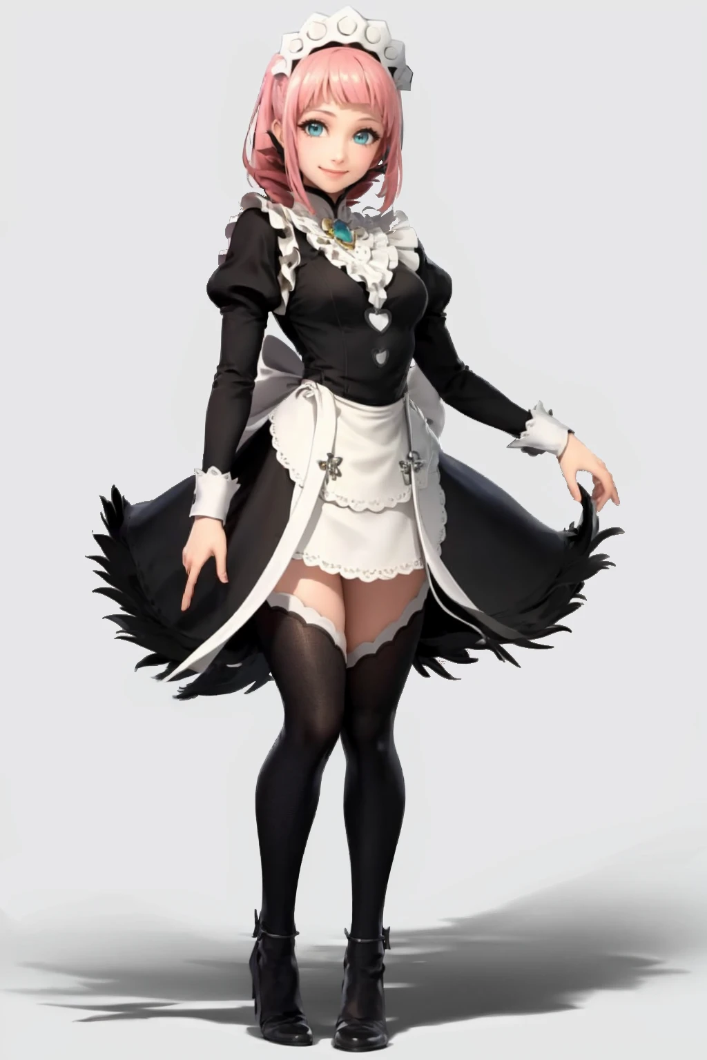 masterpiece, best quality, solo, 1girl, smile, looking at viewer, <lora:Smash-Ult-RendersV2_Fp:1>,simple background, full body, white background, <lora:felicia-fe-richy-v1:0.9> feliciadef, maid, maid headdress, black thighhighs, standing,