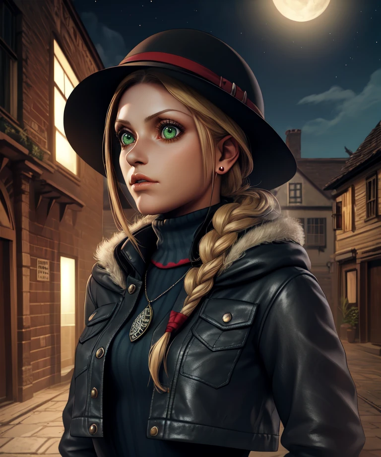 ellen,green eyes,single braid,bangs,blonde hair,
Cloche Hat,sweater,leather jacket,necklace,small red earrings,
standing,upper body,
night,
(insanely detailed, beautiful detailed face,masterpiece, best quality) solo,<lora:ellen:0.7>,