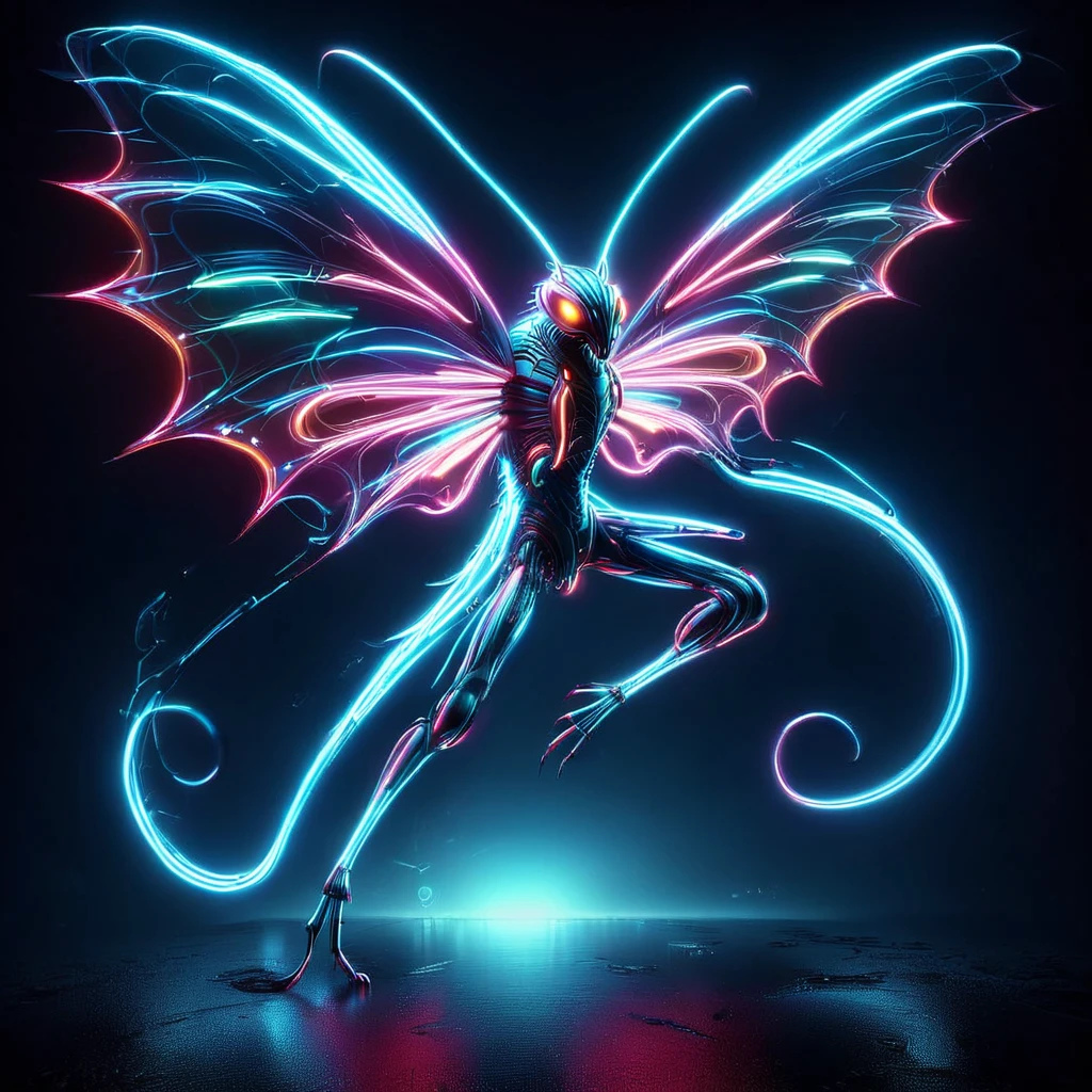 nlgtstyle<lora:nlgtstyle:1>, enormous agile mutated sleek insectoid being, multi-jointed appendages, long-tailed, icy scales, griffin wings,