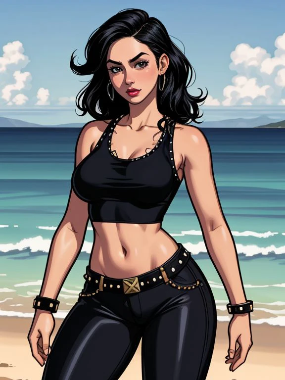 XenTAI-pos,
Lauren_LaForge,
studded bracelet, black wide-leg pants, and black tank top,
pier
