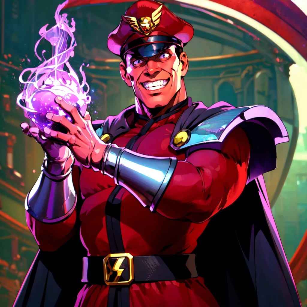 upper body, beautiful eyes, beautiful girl, high detail skin, high detail eyes, high detail hair, highres, ultra detailed, detailed pores, imperfect skin, detailed reflective shiny skin, diffused skin pores,sharpen picture, Highly detailed, masterpiece, best quality, grin, <lora:BisonLoRA:1> bison, red outfit and military red cap, cape, purple, magic