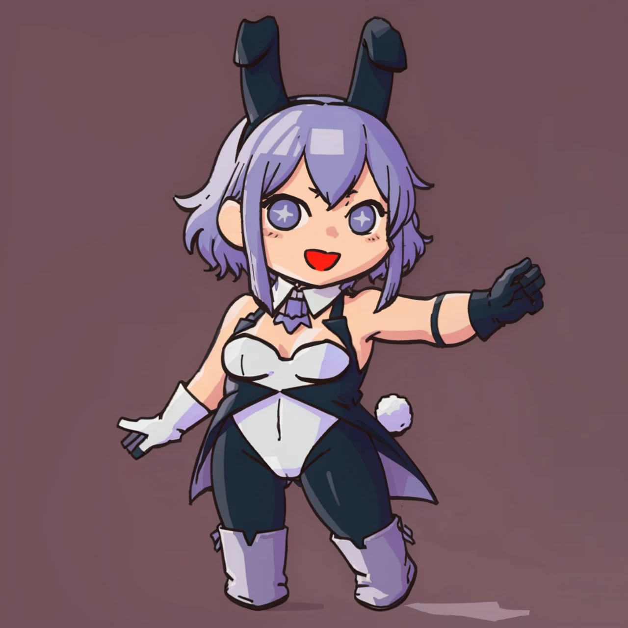 masterpiece, best quality, solo, 1girl, looking at viewer, :d, <lora:FEH-MTH_Fp:0.8>, simple background, chibi, <lora:Tico-F-V2_Fp:1>, ticofdesu2, rabbit ears, playboy bunny, pantyhose, gloves, rabbit tail, detached collar, boots, standing, + +,