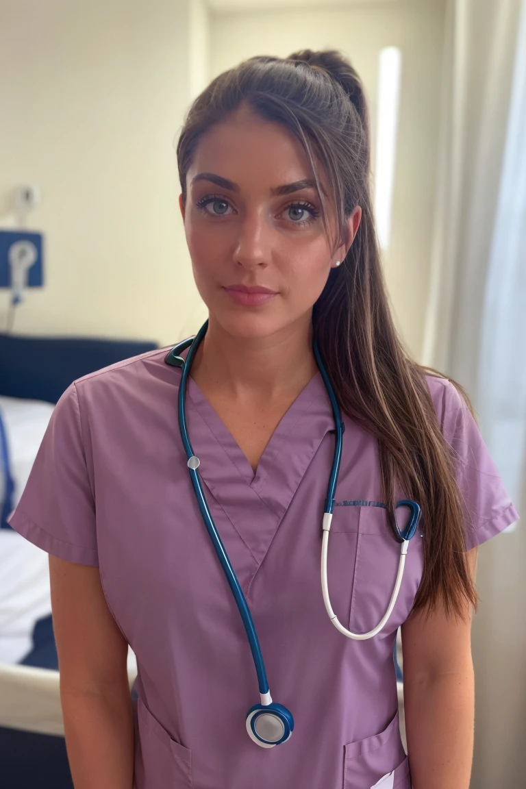 headshot, nurse, scrubs, hospital, ponytail, soft colors, bokeh, masterpiece, high quality, (high detailed skin:1.1)
<lora:carla_humphrey_lora_v01:1> 8carla