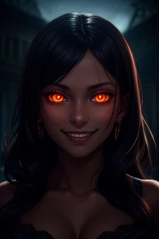 beautiful detailed portrait, dark-skinned sexy demon girl, long wavy black hair, beautiful detailed face, orange glowing eyes, devious grin, best quality, extemely detailed, cinematic, ((dark lighting, dark ambiance, middle of the night))