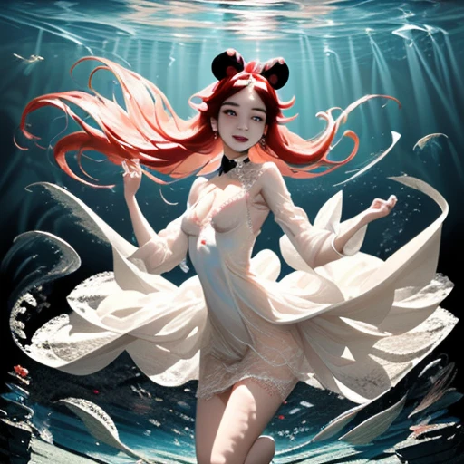 a long hair fly ing and dancing,a sexy lace transparent dress,is minnie mouse swimming in the water,just two crabs crawling by,surrounded by many small fish,<lora:æ°´ä¸å°å¥³:1>,