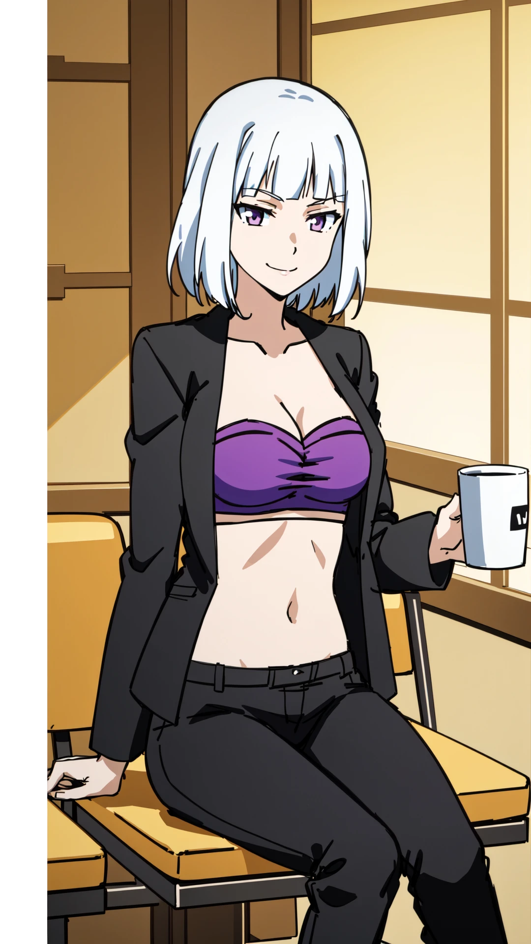anime, shafen, 1woman, white hair, ((silver eyes)), smiling, black jacket, purple bra top, midriff, black pants, sitting in a café, with a cup of coffee, 8k, 16k, trending on pixiv, fanbox, skeb, masterpiece, detailed face, digital painting, café background, <lora:shafen:0.7>