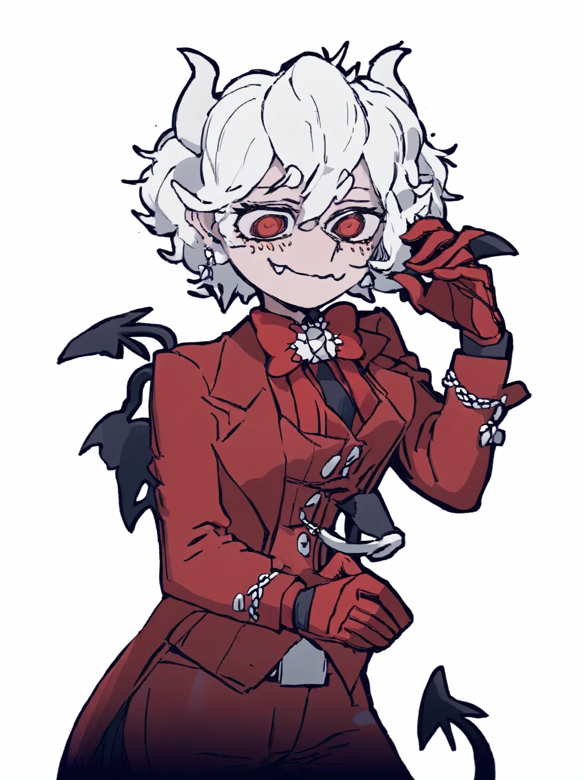 <lora:XL_Helltaker-000009:1>,Helltaker style,1girl,horns,formal,suit,red eyes,tail,white hair,jewelry,demon tail,demon horns,demon girl,gloves,short hair,solo,business suit,earrings,transparent background,white horns,waistcoat,freckles,bow,smile,looking at viewer,red gloves,bowtie,, masterpiece,best quality