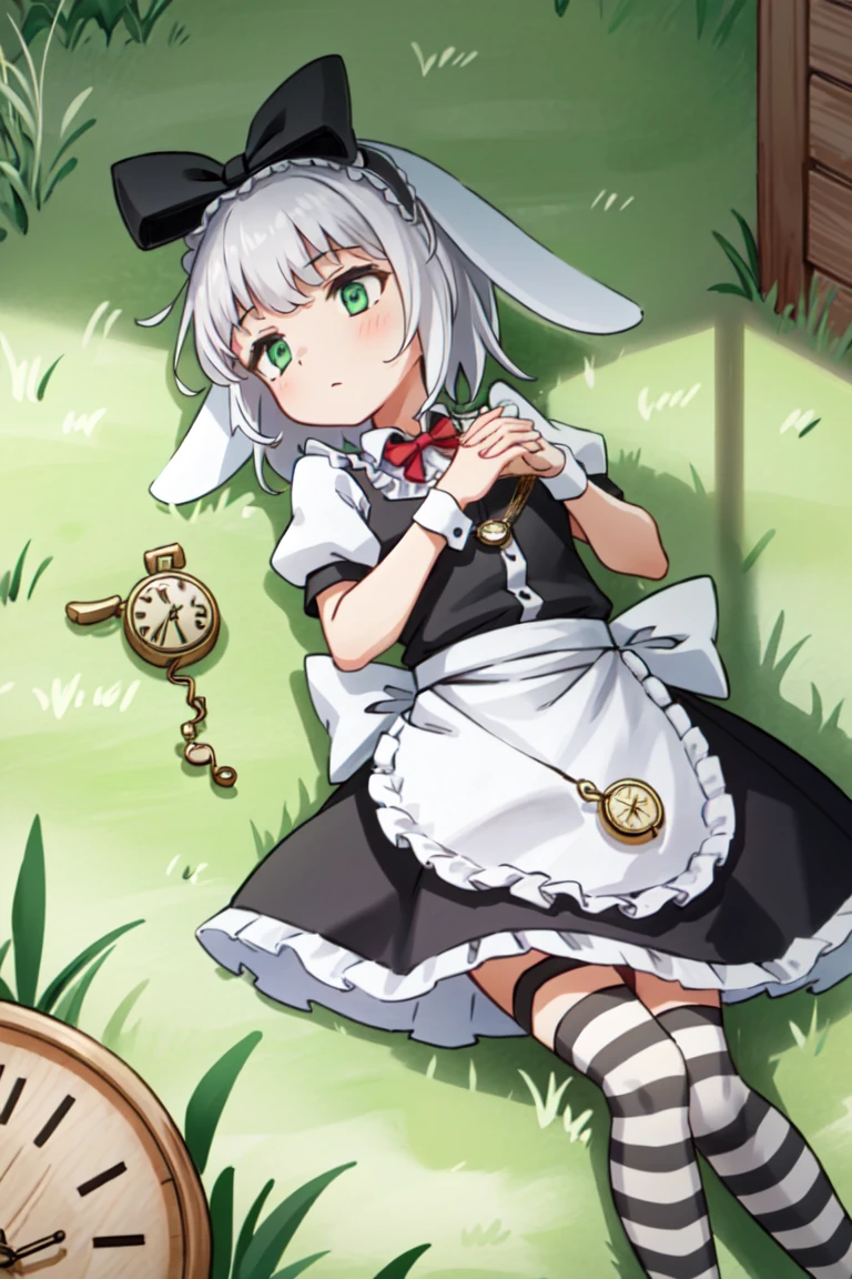 <lora:Irisu-000008:0.8>, irisu, 1girl, solo, grey hair, green eyes, short hair, rabbit ears, maid, maid headdress, maid apron, striped legwear, red bowtie, pocket watch, outdoors, lying, on back, grass, on grass, ((looking away)), own hands together, ((sideways glance)), masterpiece, best quality,