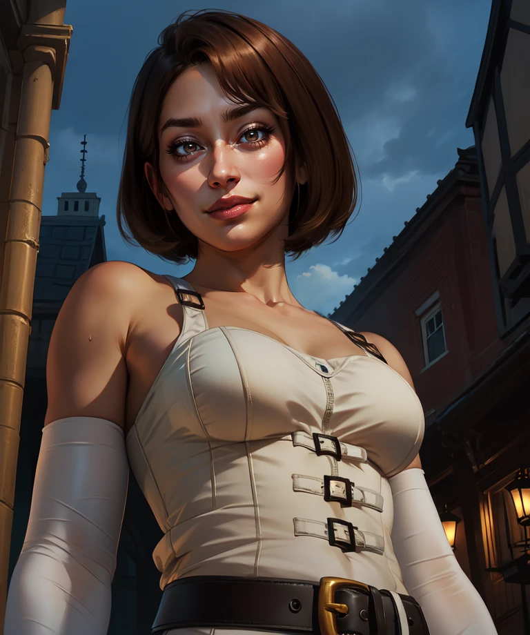 saekonq,light brown hair,brown eyes,
white elbow gloves,belt,white top,bare shoulders,
upper body,standing,light smile,from below,
night,city,
(insanely detailed, beautiful detailed face,beautiful detailed eyes, masterpiece, best quality),solo,<lora:SaekoNQ:0.5>,