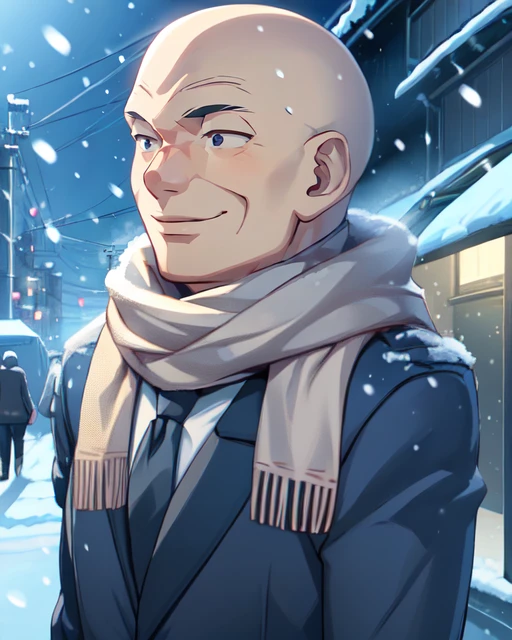 best quality, masterpiece, highres, detailed, digital artwork, <lora:Tools - add_detail:0.2>, SnowWonder, <lora:Scene - SnowWonder:0.8>, excited, snowing, night, city, upper body, BREAK 1boy, c-Tadokoro, bald:3, evil smile, formal, jacket, necktie, <lora:Character - Tadokoro:0.8>, scarf,