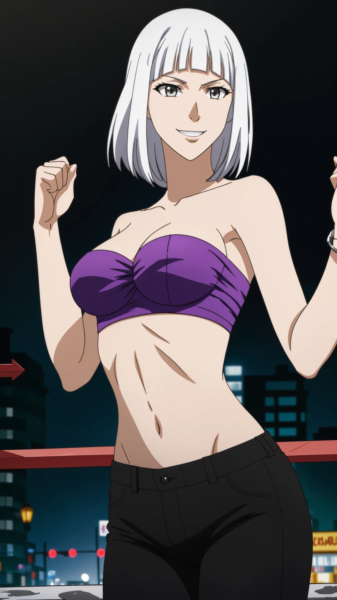 anime, shafen, bust up, 1woman, white hair, ((silver eyes)), smiling, purple bra top, midriff, black pants, fighting pose, holding her hand up, 8k, 16k, trending on pixiv, fanbox, skeb, masterpiece, detailed face, digital painting, night street background, <lora:shafen:0.7>