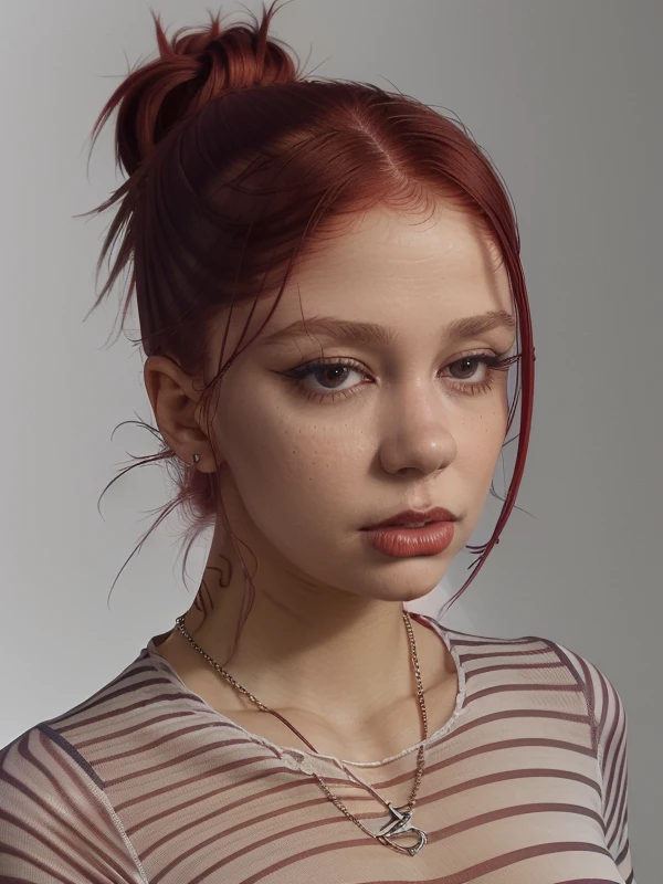 gquality, <lora:taichu:1> taichu, 1girl, solo, red hair, simple background, looking at viewer, shirt, parted lips, upper body, realistic, striped, grey background, necklace, striped shirt, lipstick, eyeliner, makeup, hair bun