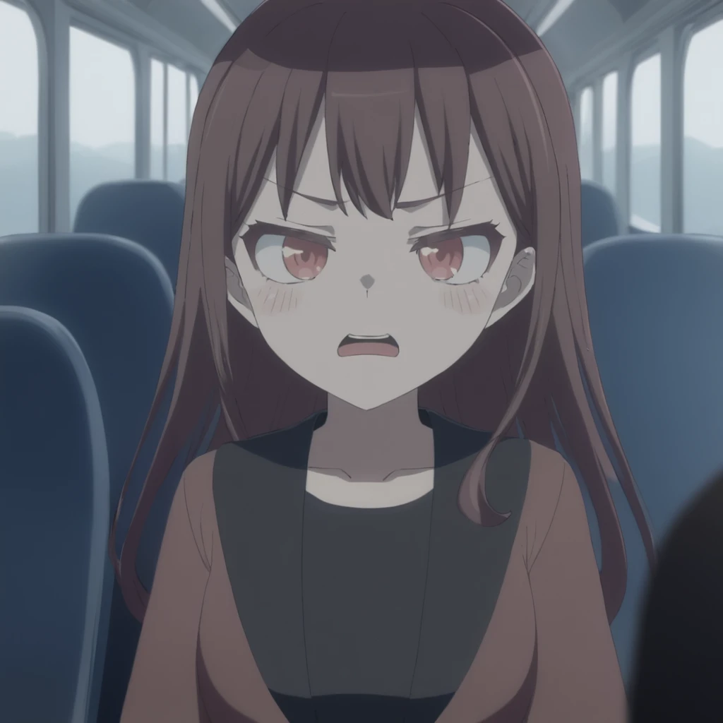 sayuogiwara, Sayu Ogiwara, brown hair, (brown eyes:1.5), medium hair, break ,1girl sit on the chair in the train, in skirt, open legs, show panties, nsfw, drop
