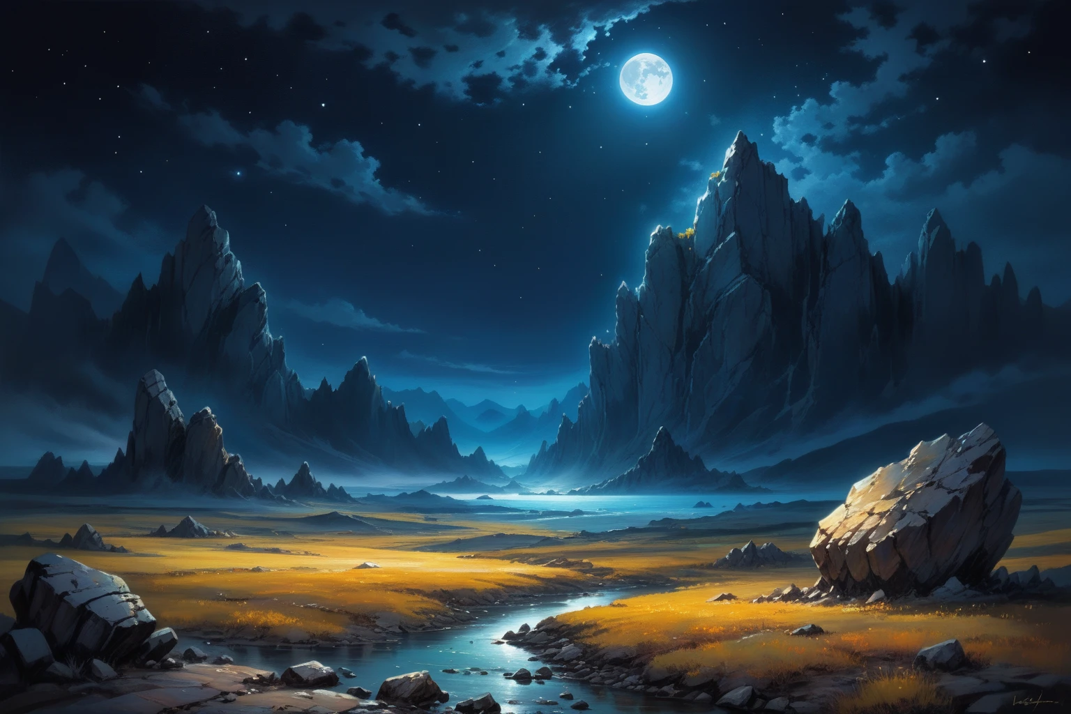 masterpiece, breathtaking scenery, painted world, rocky terrain, night time, <lora:Painted World-000006:.5>