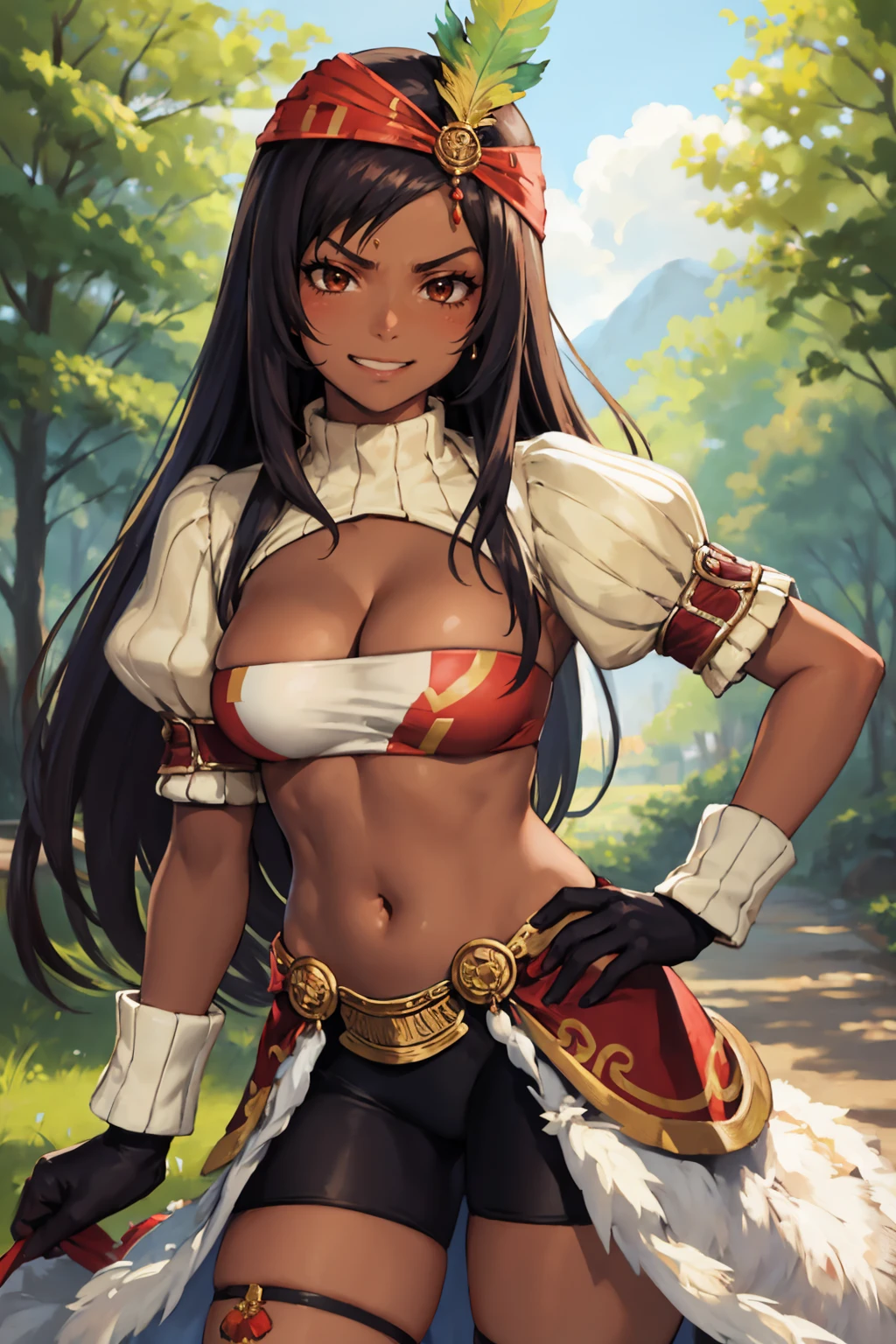 masterpiece, best quality, <lora:ff9lani-nvwls-v1-000009:0.9> ff9lani, dark skin, bandana, feather hair ornament, turtleneck, cleavage, puffy sleeves, bandeau, red overskirt, short shorts, gloves, large breasts, forest, sky, looking at viewer, furrowed brow, grin, upper body, standing